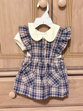 Nicole Miller Blue and Cream Plaid Pinafore Dress